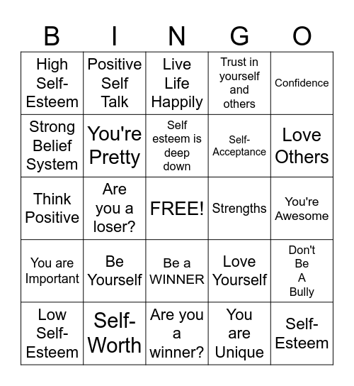 Self-Esteem Bingo Card