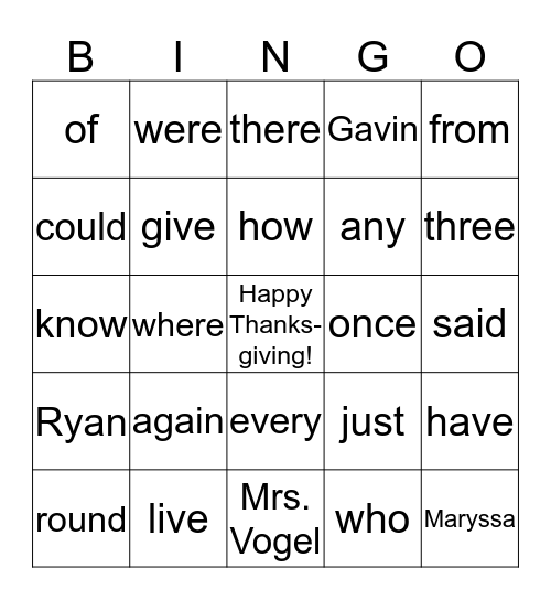Happy Thanksgiving, Maryssa, Ryan, & Gavin! Bingo Card