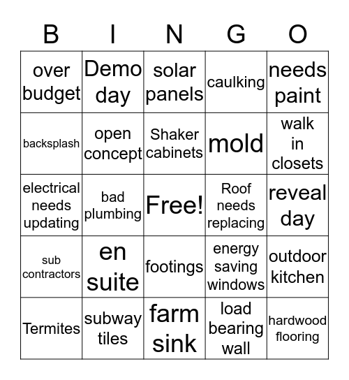 HGTV BINGO Card