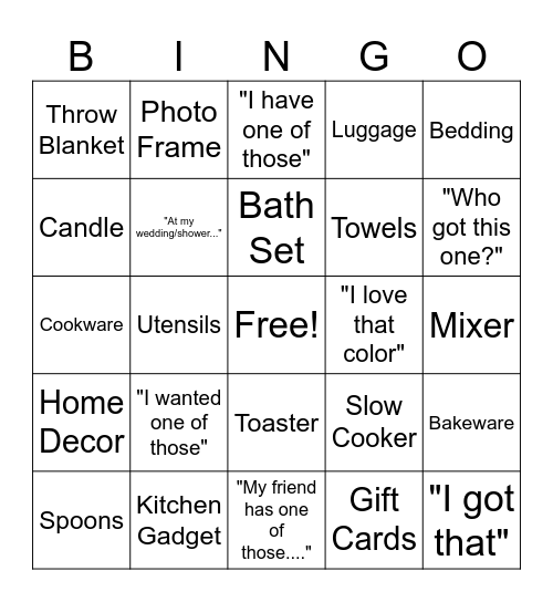 Shower Bingo Card
