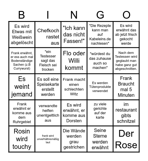 Rosins Restaurant Bingo Card
