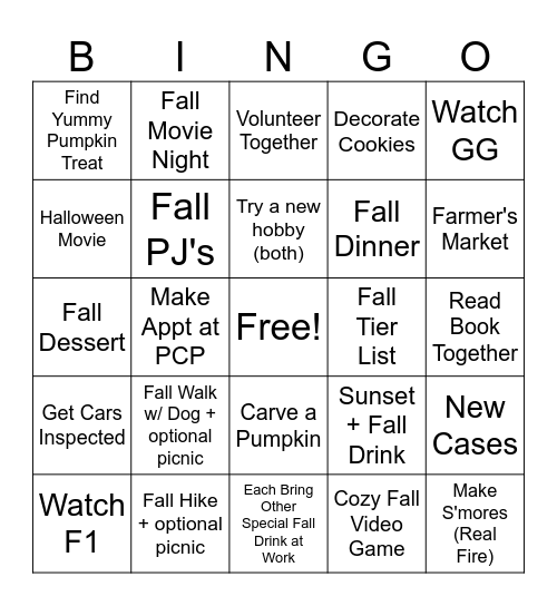 Joey and Grace Fall Bingo Card