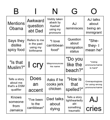 Visiting Family Bingo Card