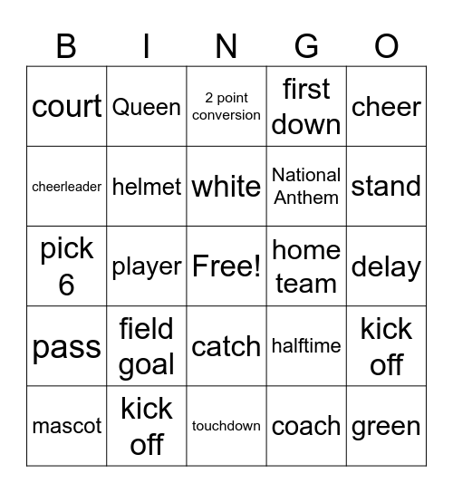 Homecoming Bingo Card