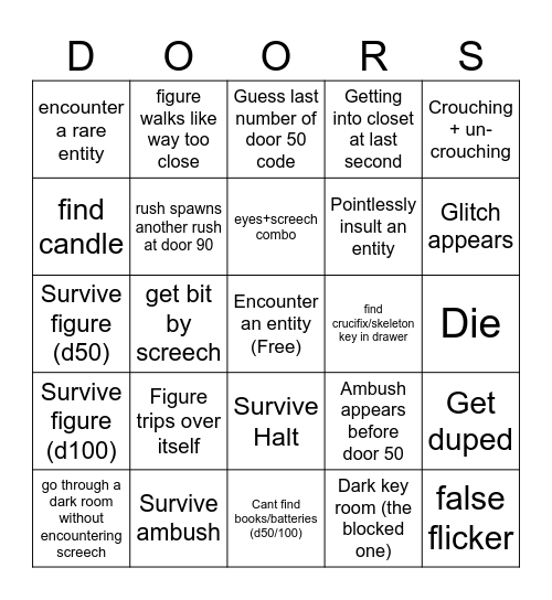 Roblox Doors Bingo Card