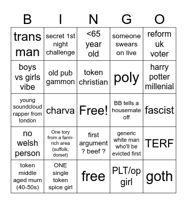 housemate and first night bingo Card