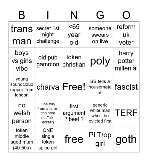 housemate and first night bingo Card