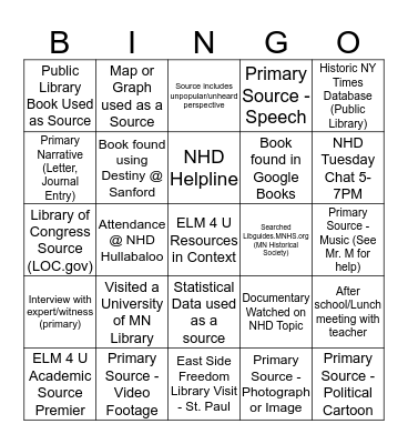 NHD Resource Bingo  Bingo Card
