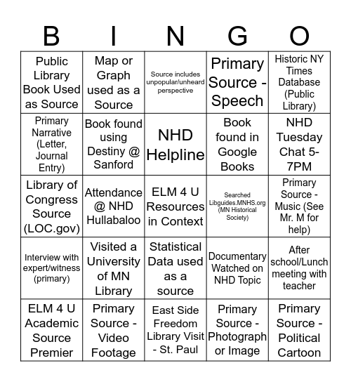 NHD Resource Bingo  Bingo Card