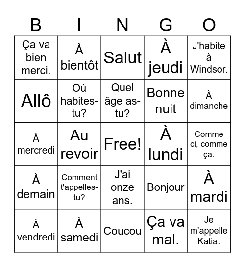 Les salutations Bingo Card