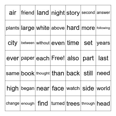 3rd Grade High Frequency Word Bingo Card