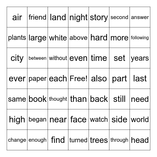 3rd Grade High Frequency Word Bingo Card