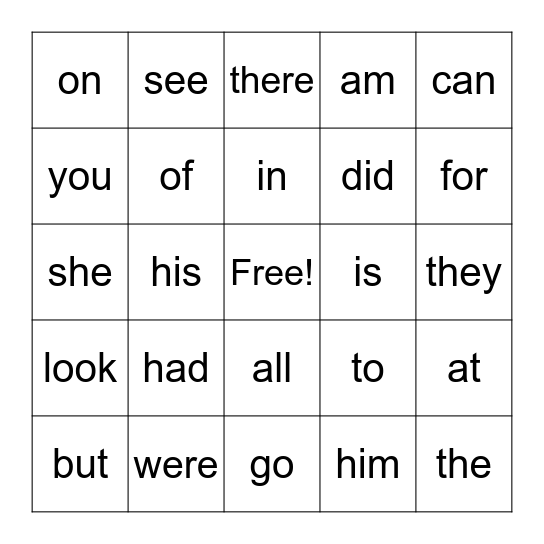 Kindergarten High Frequency Word Bingo Card