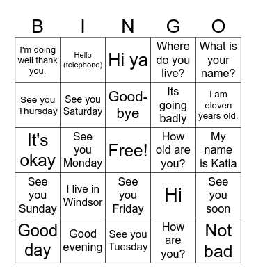 Les salutations -English Bingo Card