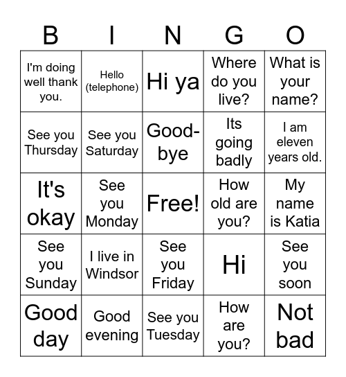 Les salutations -English Bingo Card