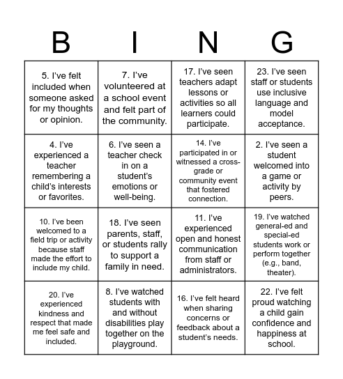 SEAC Belonging BINGO Card