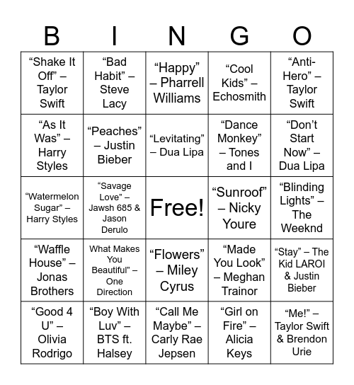 ROUND 3: Pop & Dance Hits Bingo Card