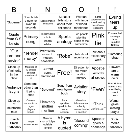 General Conference Bingo Card