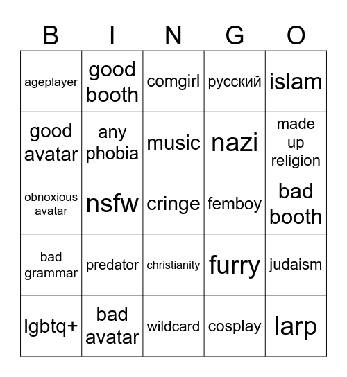 rate my avatar bingo Card