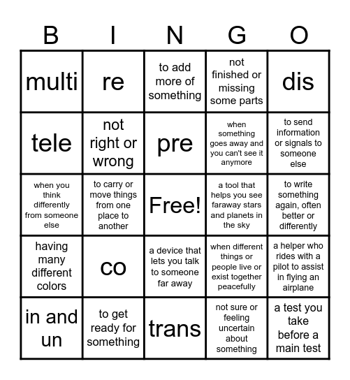 Prefixes Unit 1.5 Bingo Card