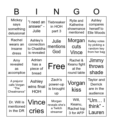 BB27 Finale Bingo Card