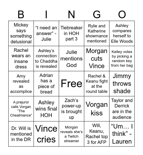 BB27 Finale Bingo Card