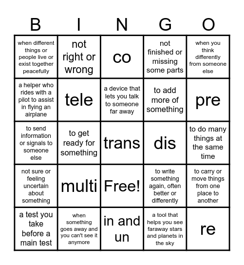 Prefixes Unit 1.5 Bingo Card