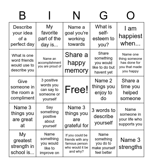 Self-Esteem Bingo Card