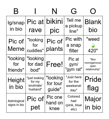 Tinder Bingo (Women) Bingo Card