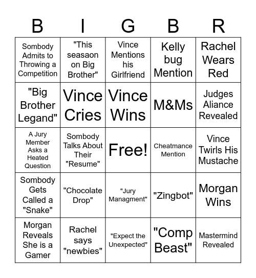 Big Brother 27 Finale Bingo Card