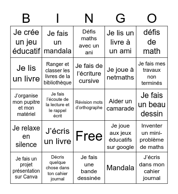 J’ai terminé Bingo Card