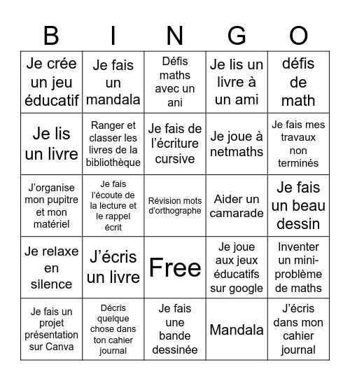 J’ai terminé Bingo Card