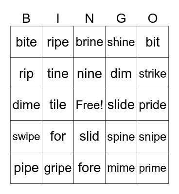 Long i  Silent e  i-e Bingo Card