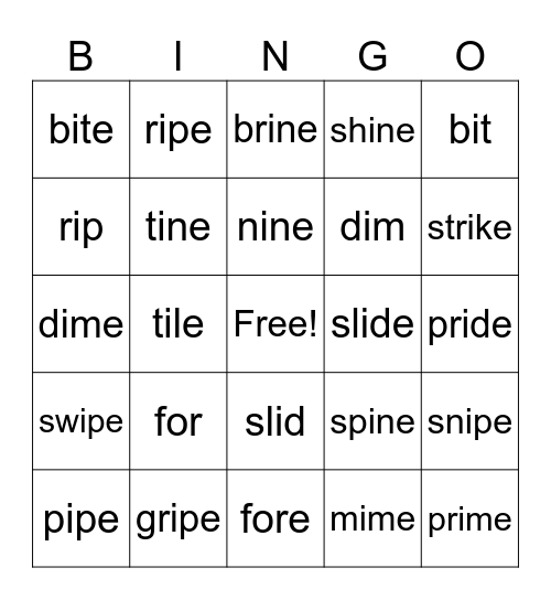 Long i  Silent e  i-e Bingo Card