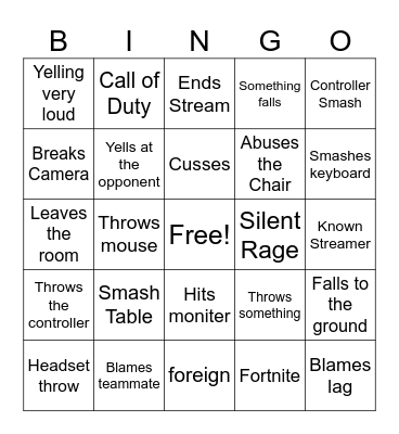 Gamer Rage Bingo Card