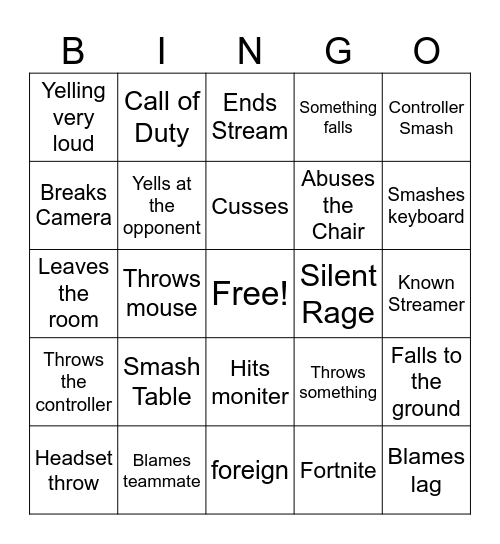 Gamer Rage Bingo Card