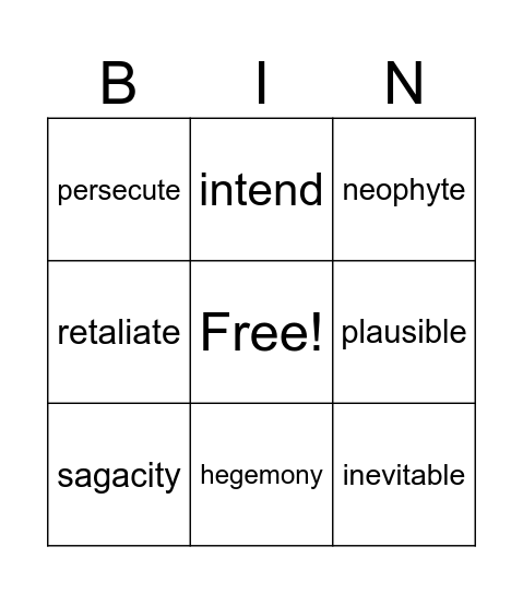 Vocabulary Sept. 29-Oct. 5 Bingo Card