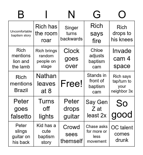 Sunday PM Bingo Card