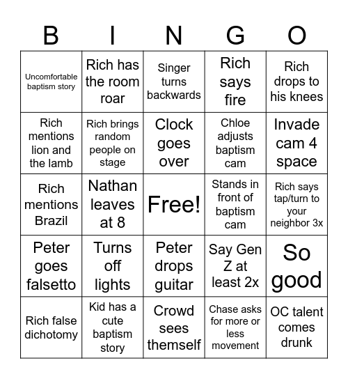 Sunday PM Bingo Card