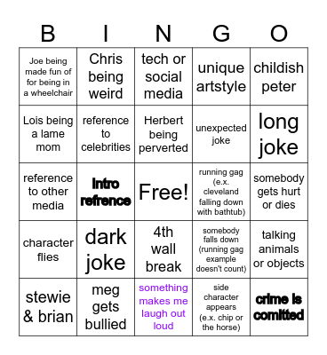 family guy bingo Card
