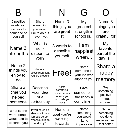 Self-Esteem Bingo Card