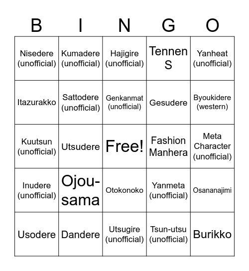Japanese Archetype Bingo Card