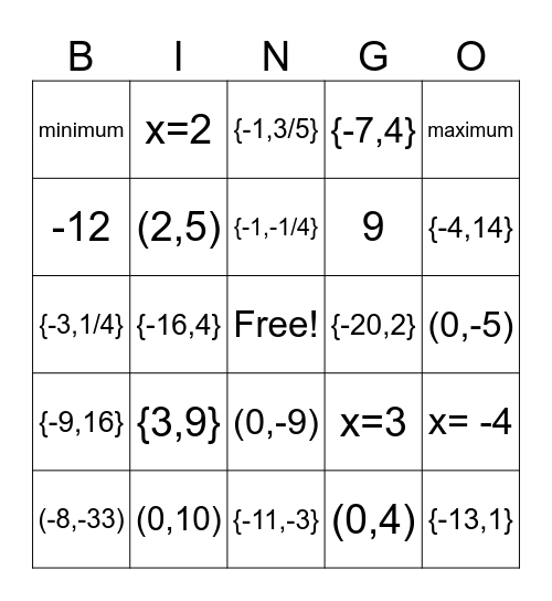 Test Review Bingo Card