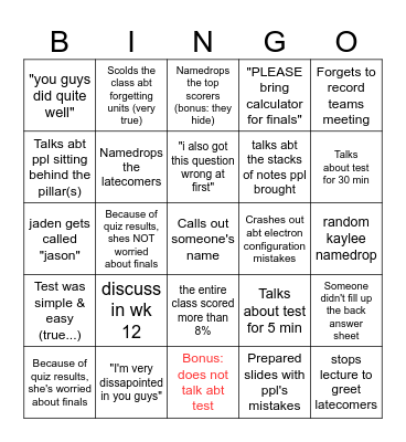 Chem quiz results bingo: Dr's quotes Bingo Card