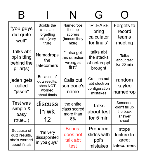 Chem quiz results bingo: Dr's quotes Bingo Card