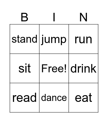 Action Words Bingo Card