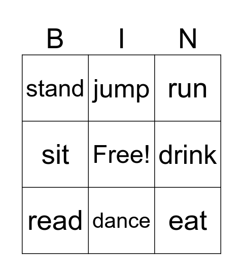 Action Words Bingo Card