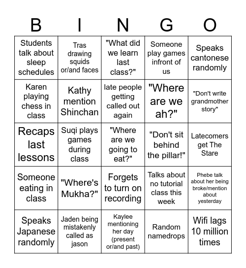 Chem 1 Class Bingo Card