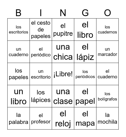 Los artículos definidos e indefinidos Bingo Card