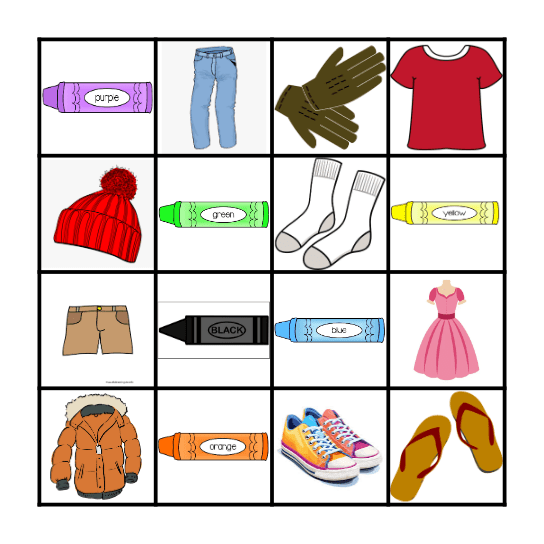 Clothing and Colors Bingo Card
